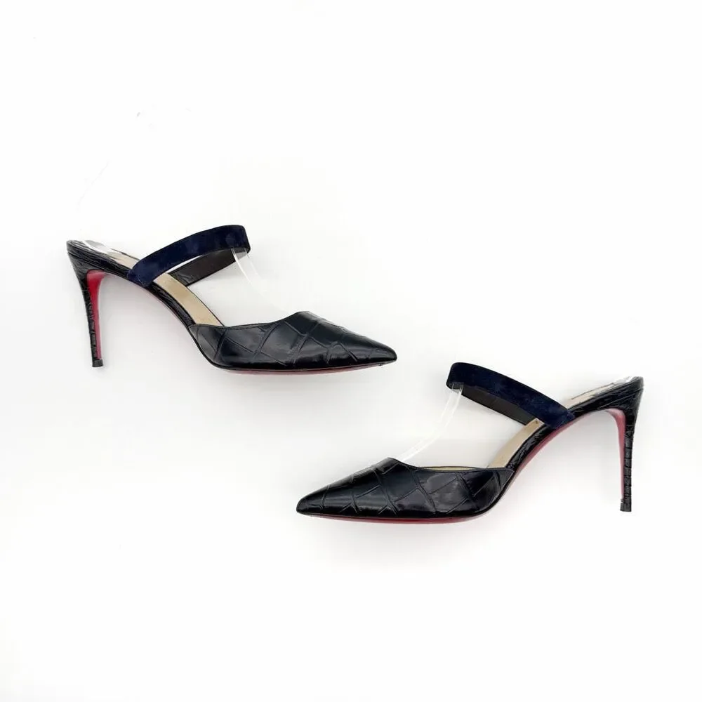 CHRISTIAN LOUBOUTIN Choc Lock Navy Blue Slide Size 37.5 US 7 Leather Heel Mule - Picture 8 of 13